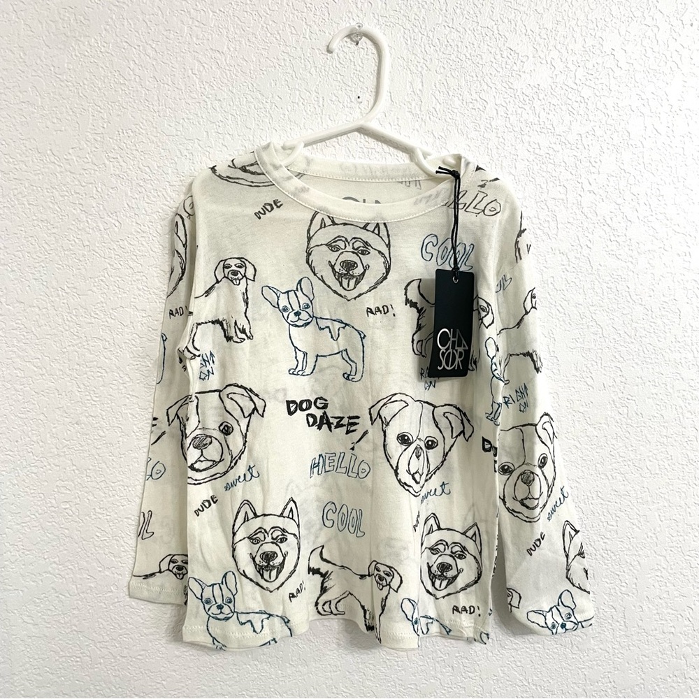 NWT Chaser Kids Boys Tee T Shirt White Dog Print Long Sleeve Crew Neck Size 6
